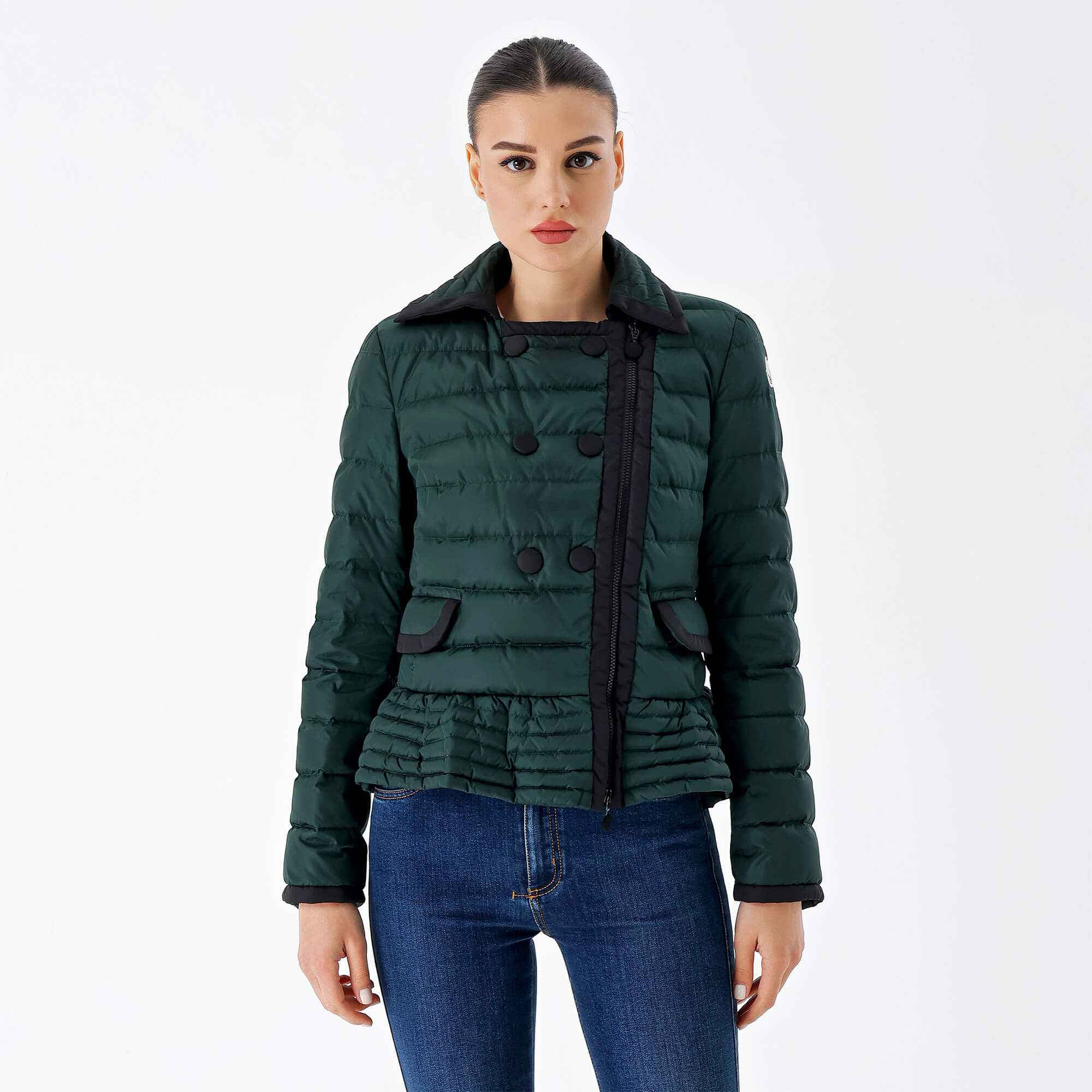 Moncler-Green and Black Button Puffer Coat